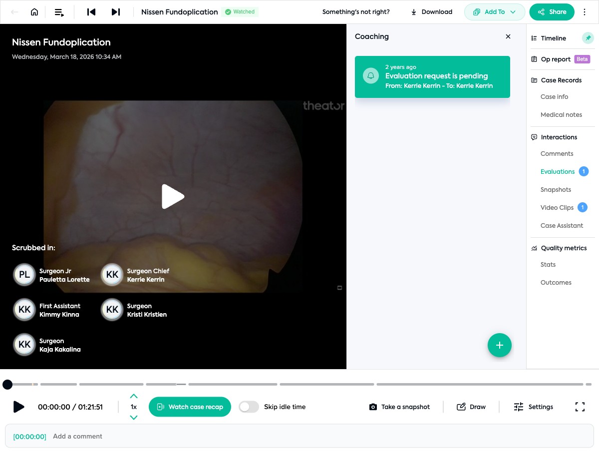 Evaluations panel open in the Coaching section showing a pending evaluation request and a + button