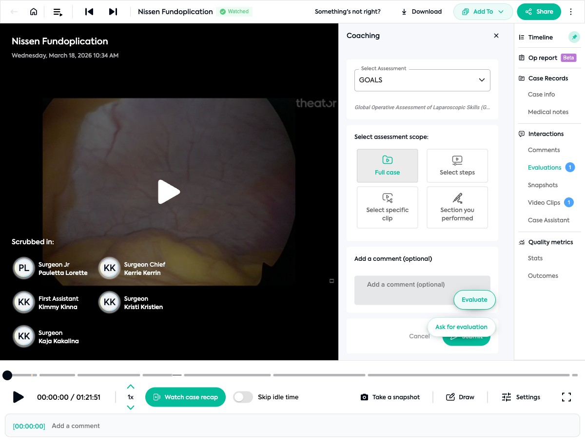 Scope selector showing Full case, Select steps, Select specific clip, and Section you performed options, with comment field and Submit button