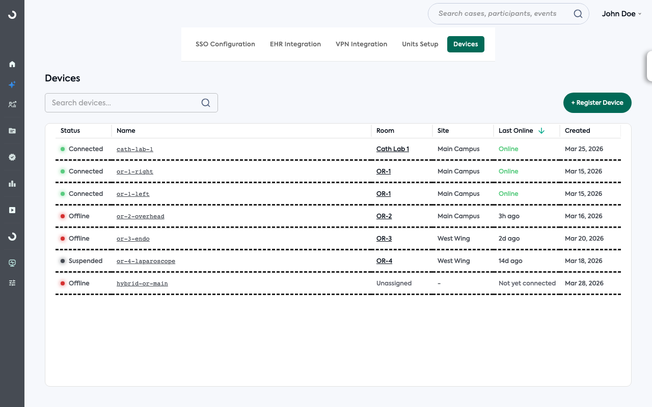 Devices page showing the device list