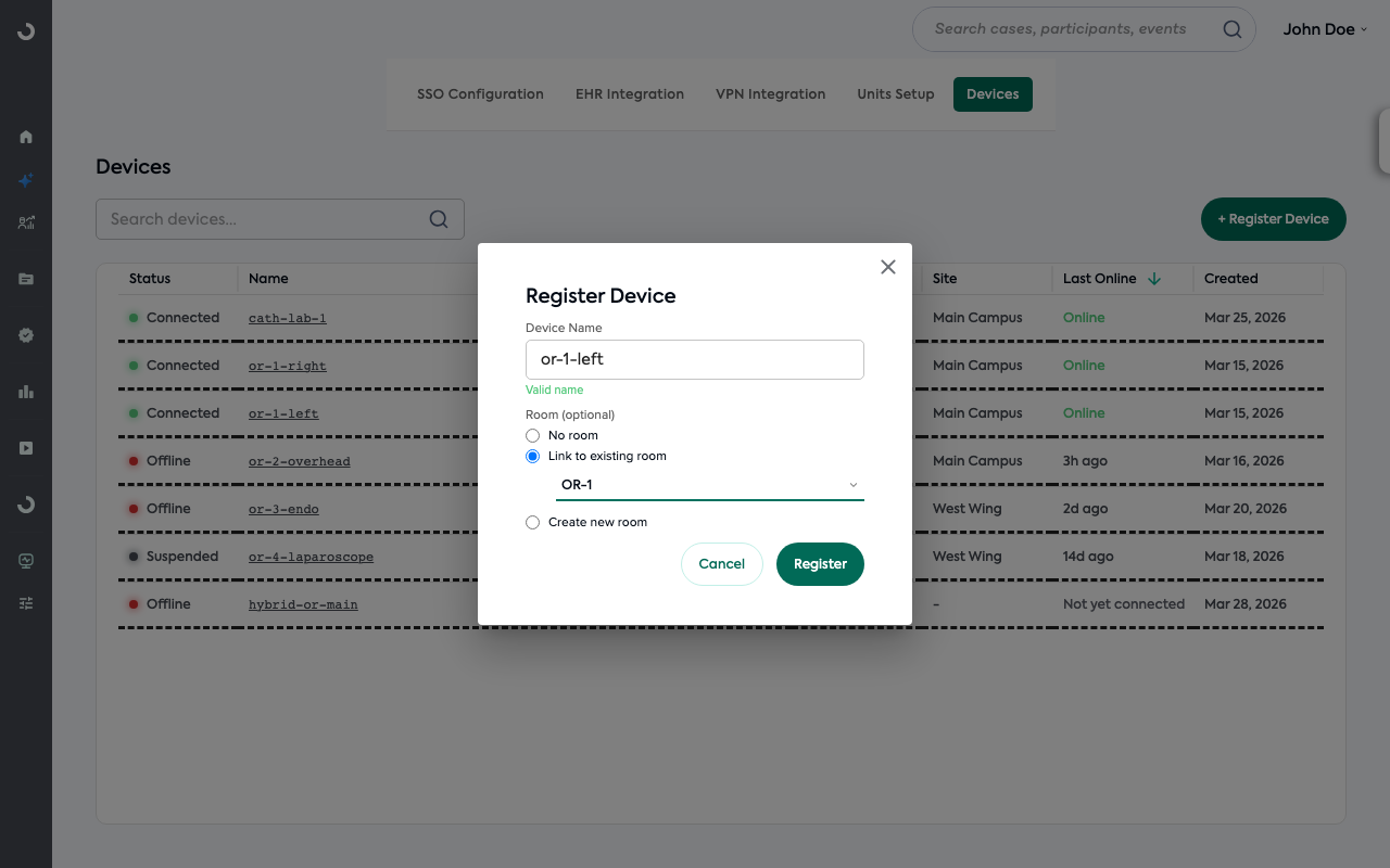 Registration modal with device name and room selection