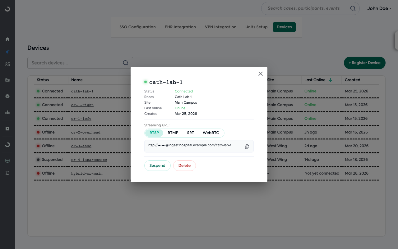 Device details modal showing status and actions