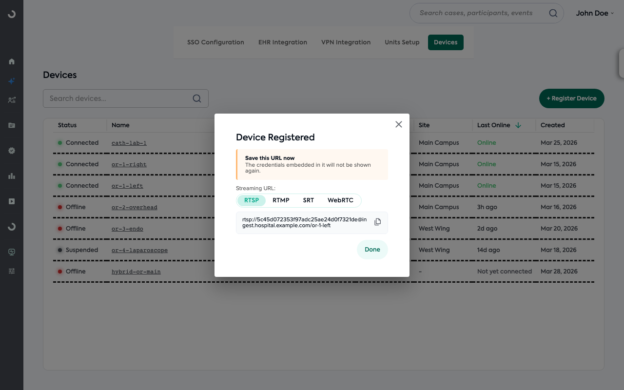 Streaming URL display with protocol tabs and copy button
