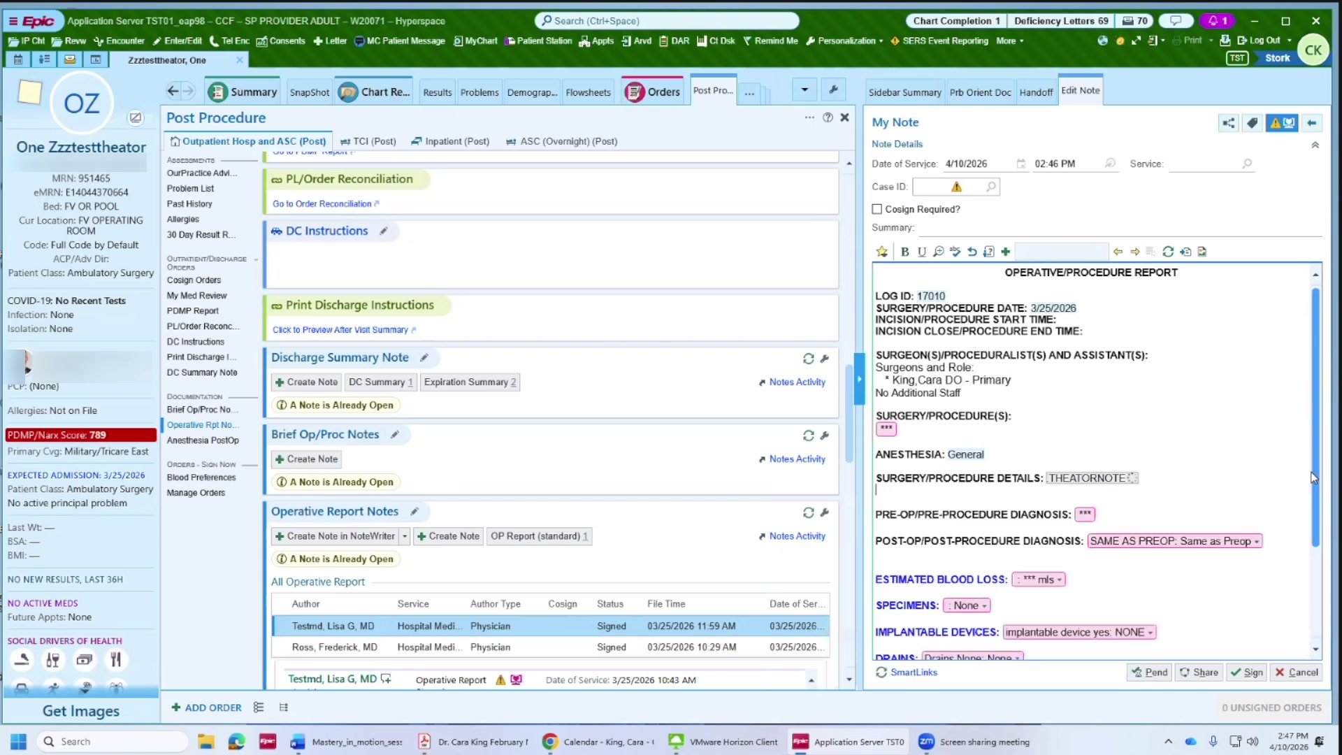 Epic note with .theatornote SmartText populated