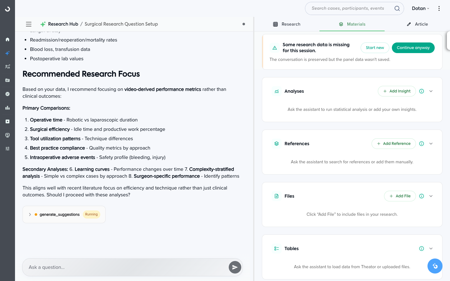 The Research Hub Materials tab, with sections for Analyses, References, Files, and Tables