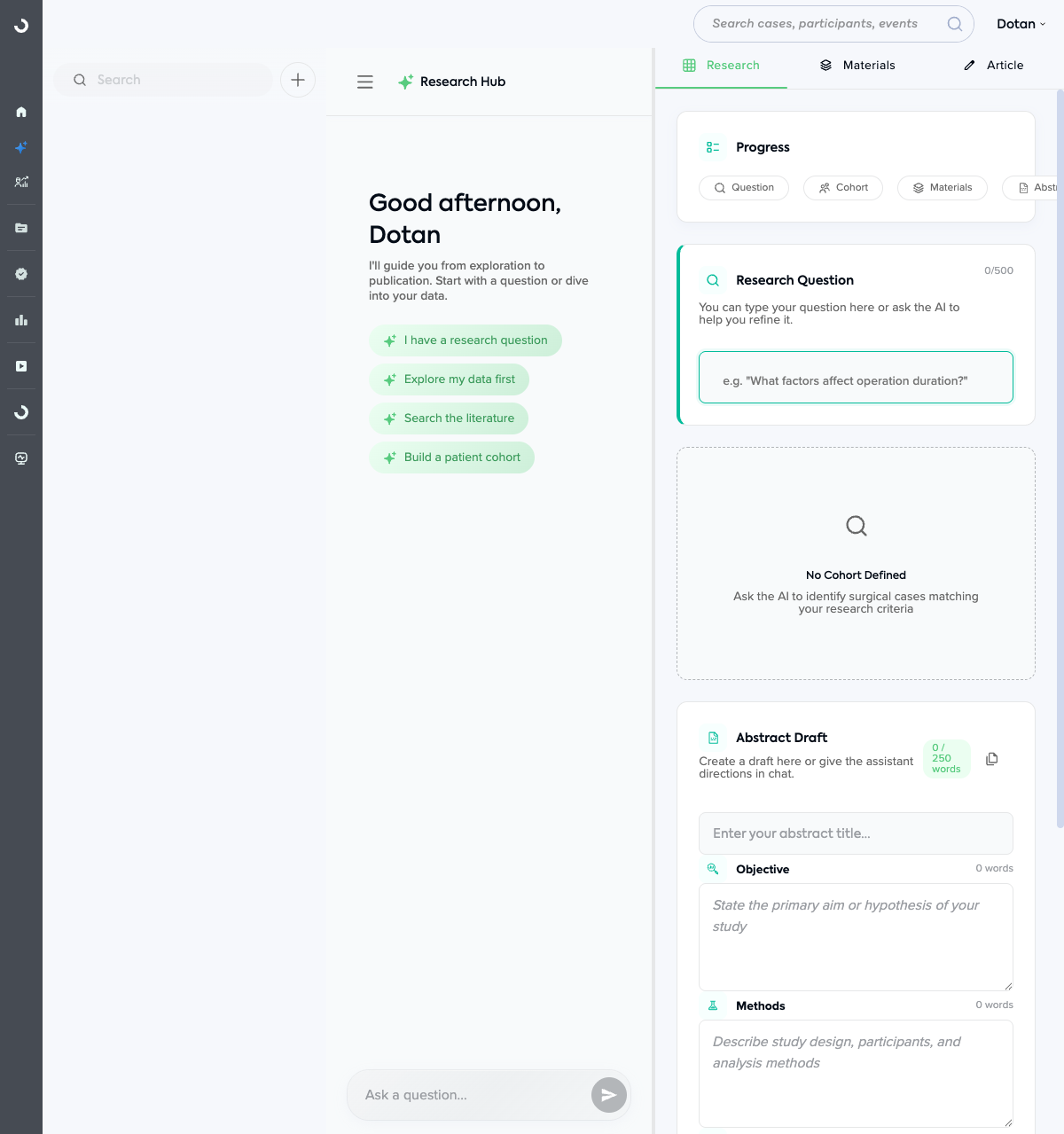 The Research Hub workspace — the AI research assistant on the left, and the Research, Materials, and Article tabs on the right for your question, cohort, and draft