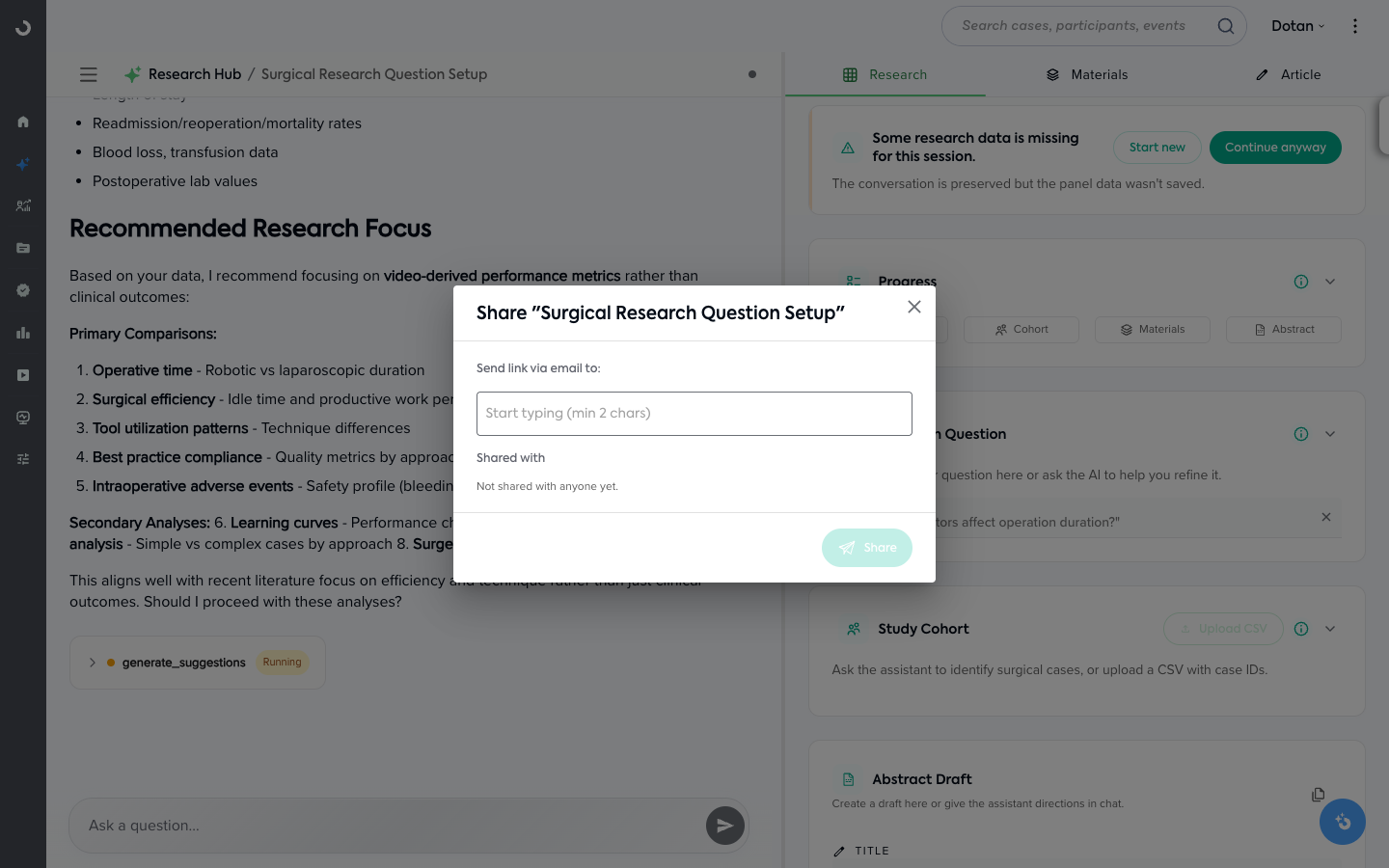 The Research Hub Share dialog, where you send a colleague a link to the project by email