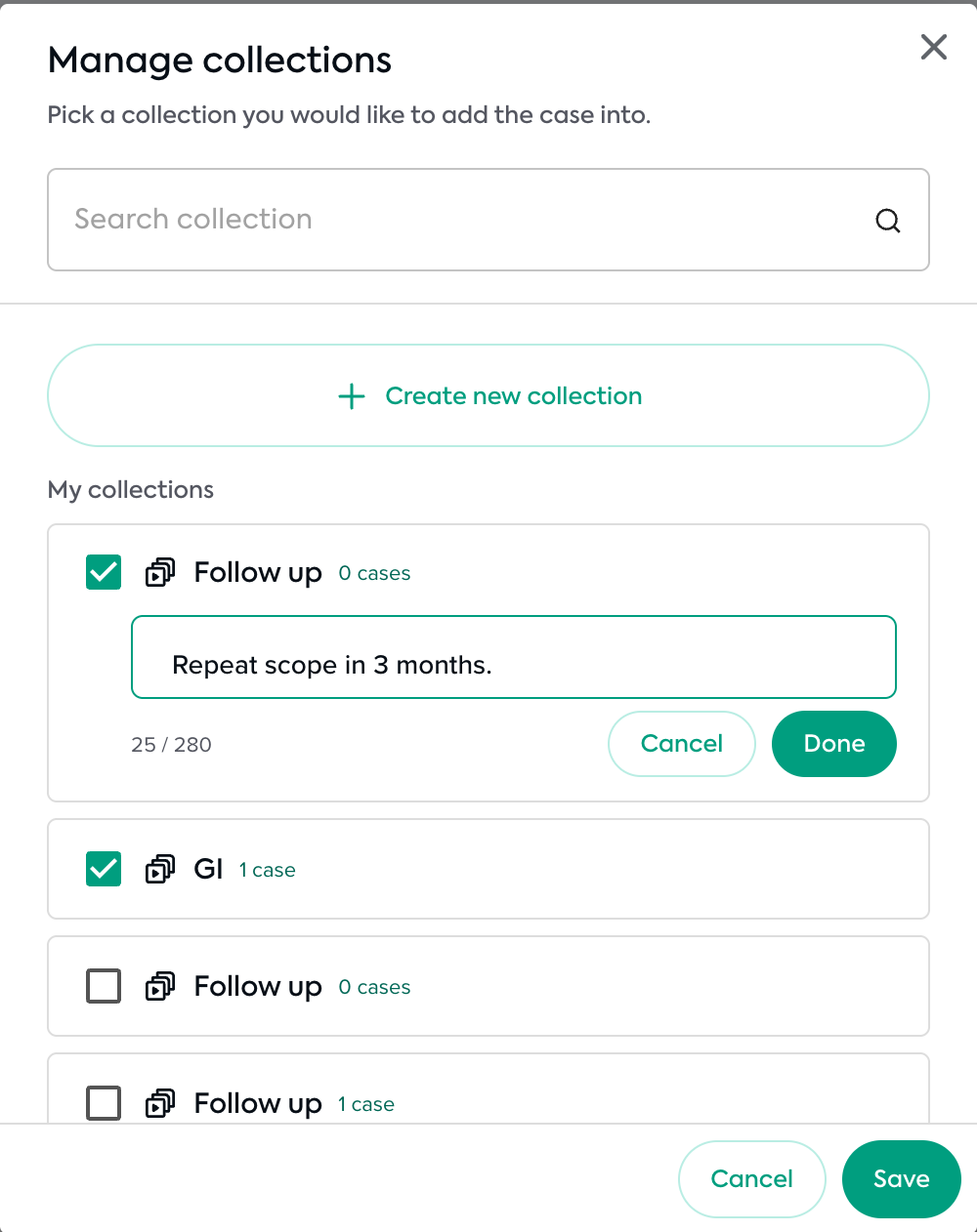 The Manage collections dialog with a collection ticked and the note editor open below it