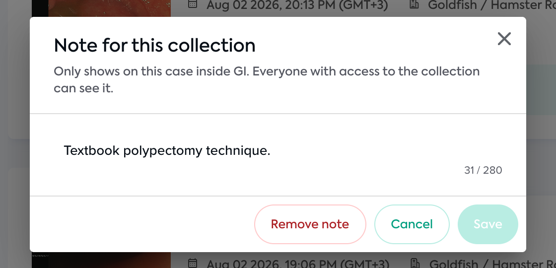 The collection note editor for an existing note, showing the Remove note, Cancel and Save actions and a character counter reading 31 of 280