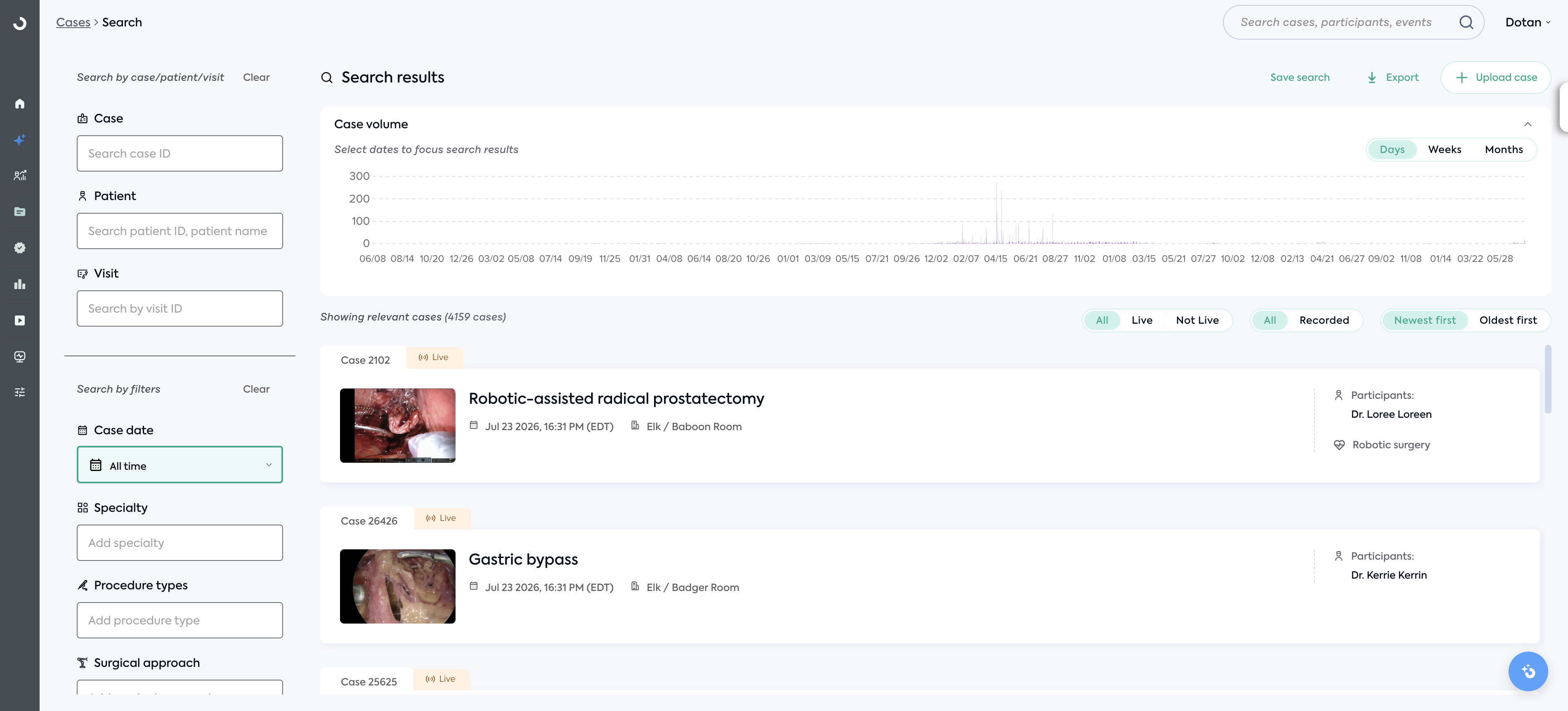 Cases Search page with the filter panel on the left and the Save search button at the top right