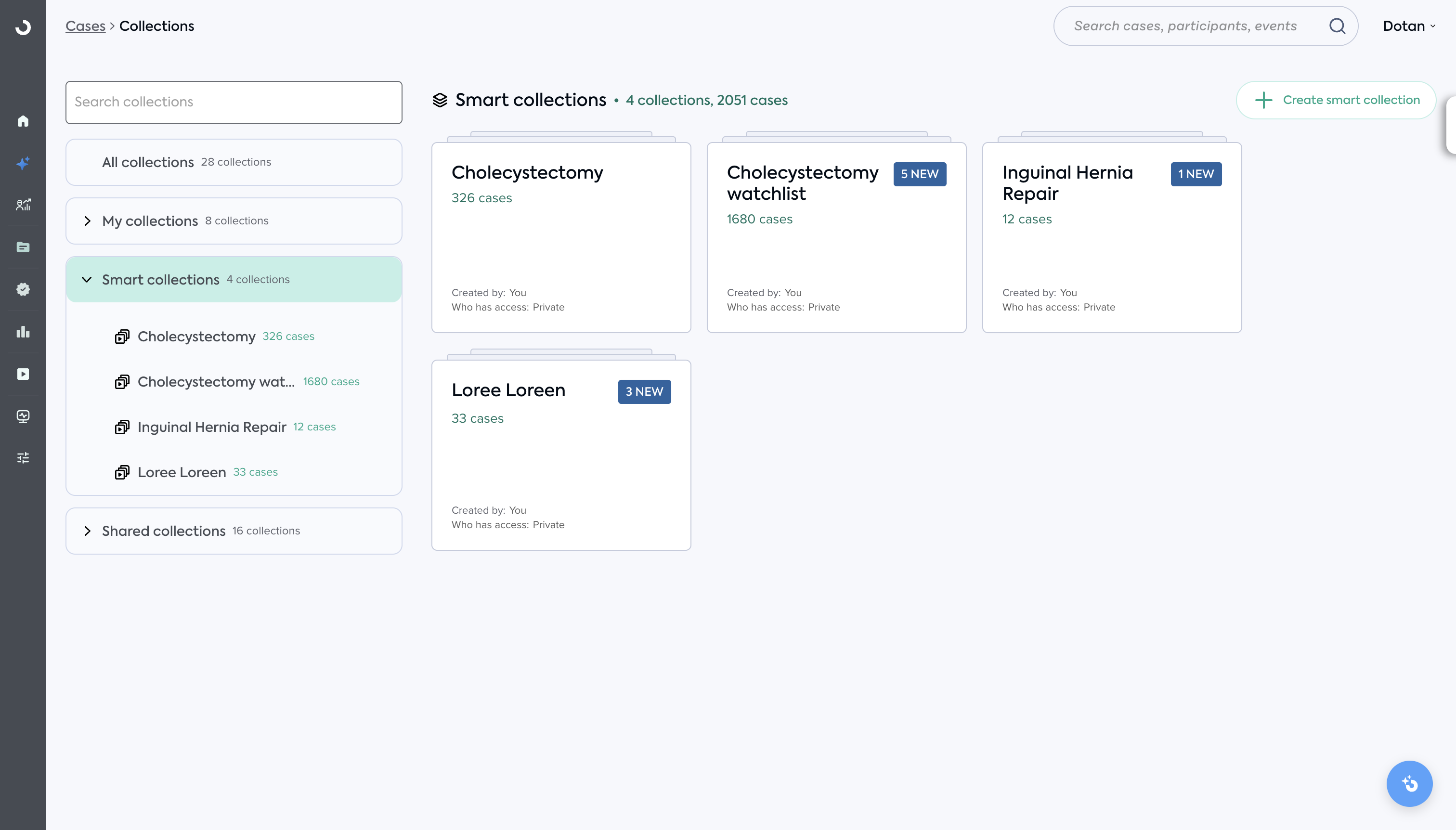Collections library showing smart collections with case counts and NEW badges
