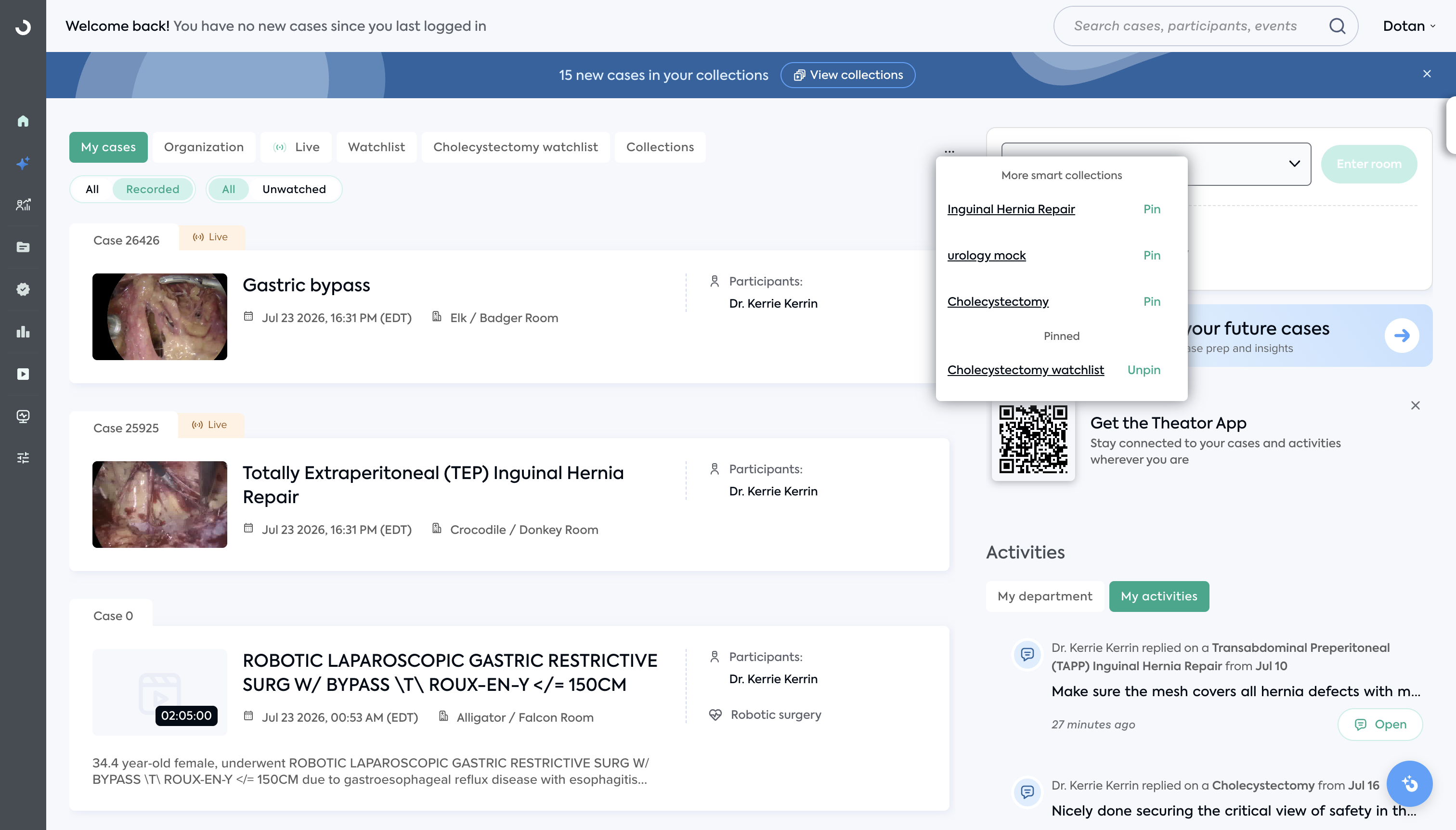 Homepage ⋮ menu listing collections with a Pin action next to each