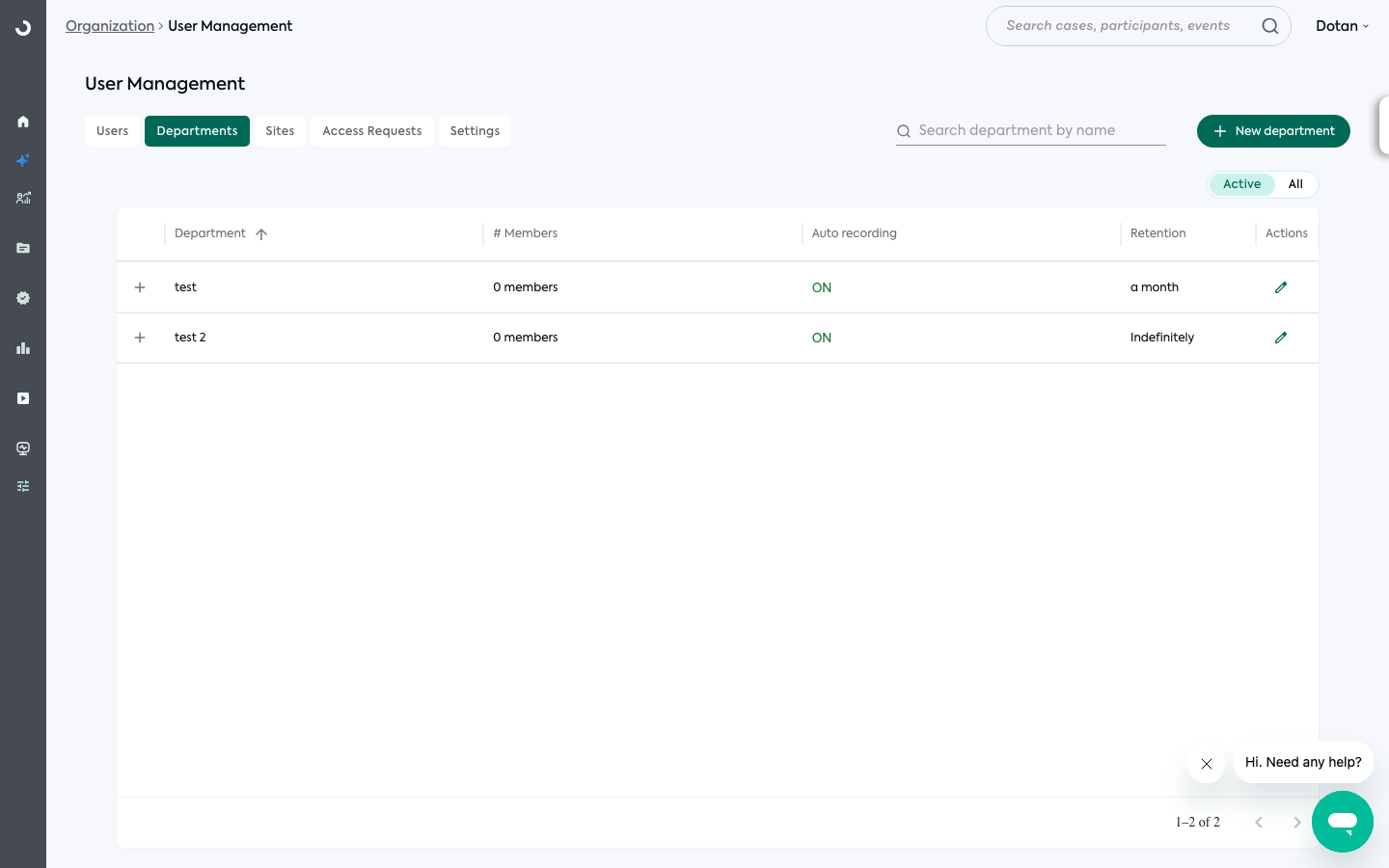 The Departments tab on the Organization page, with the "New department" button