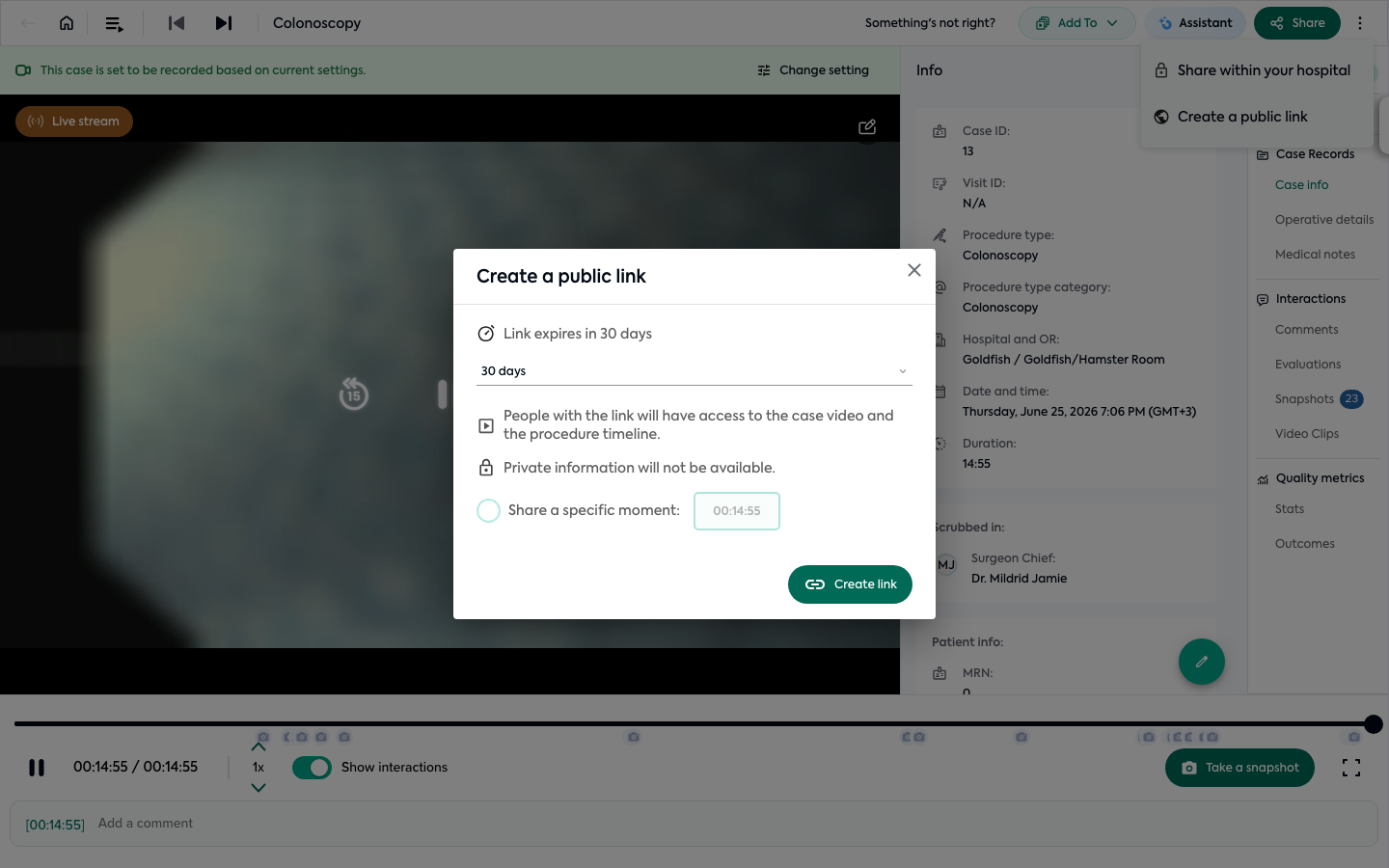 The "Create a public link" panel, showing the expiry selector and sharing options