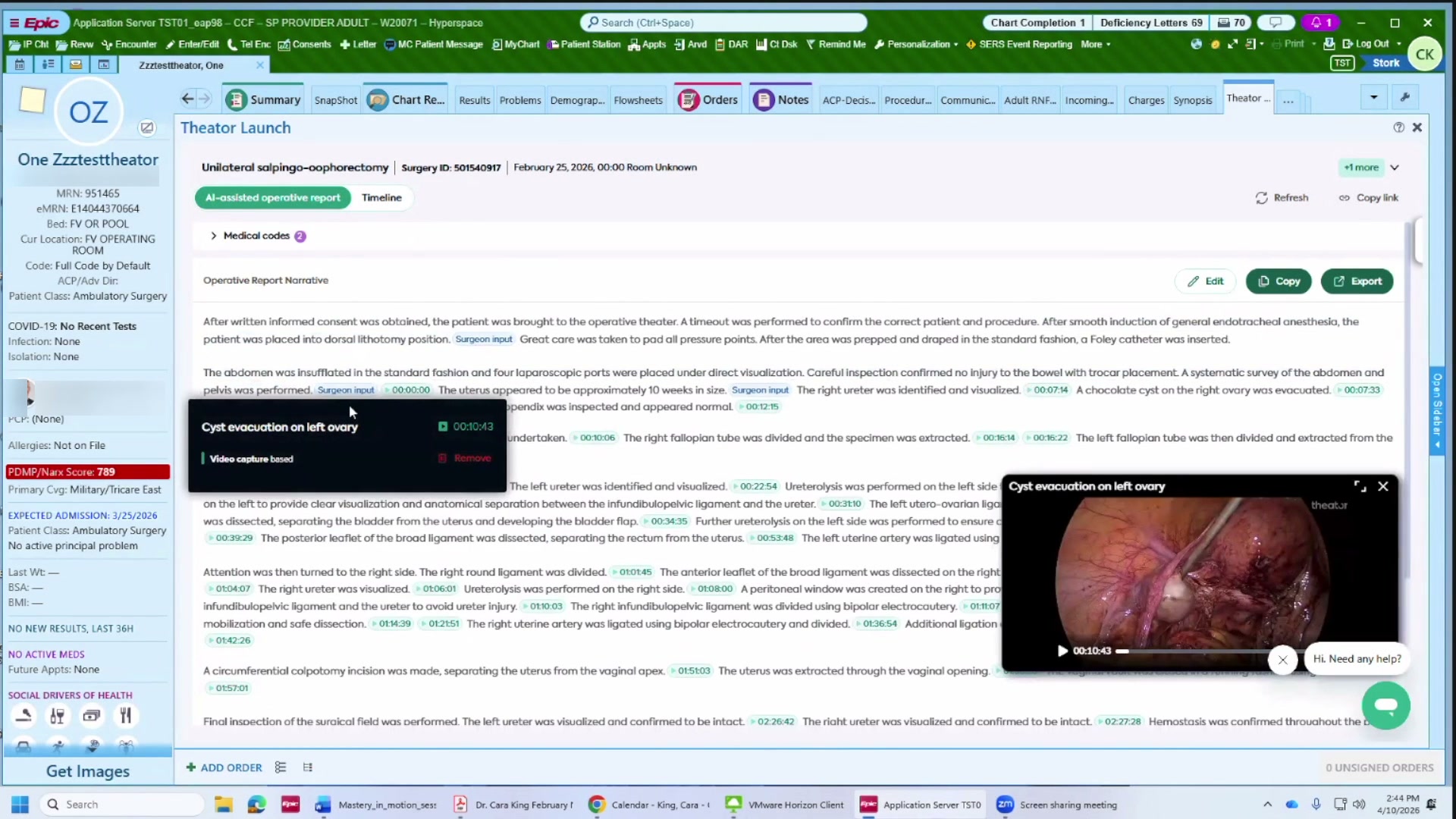 Operative report with green video timestamps
