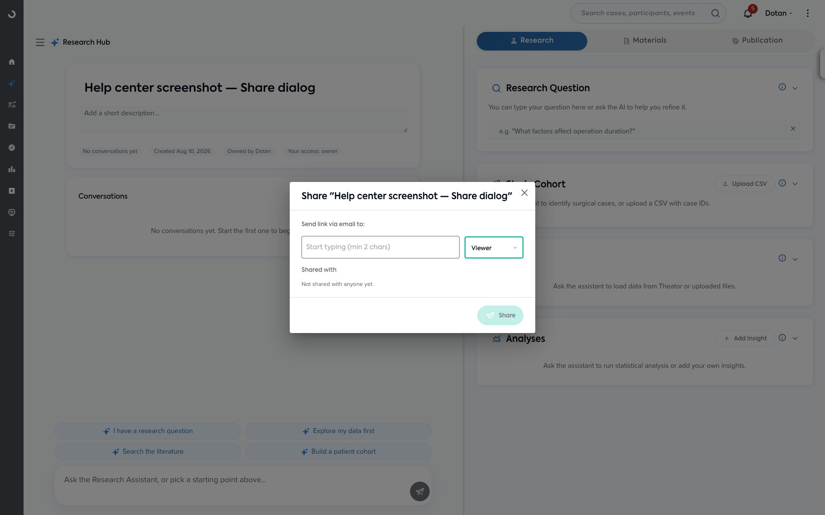 The Share Project dialog — enter a colleague's email and pick their access level, Viewer or Editor, with everyone you have shared with listed underneath