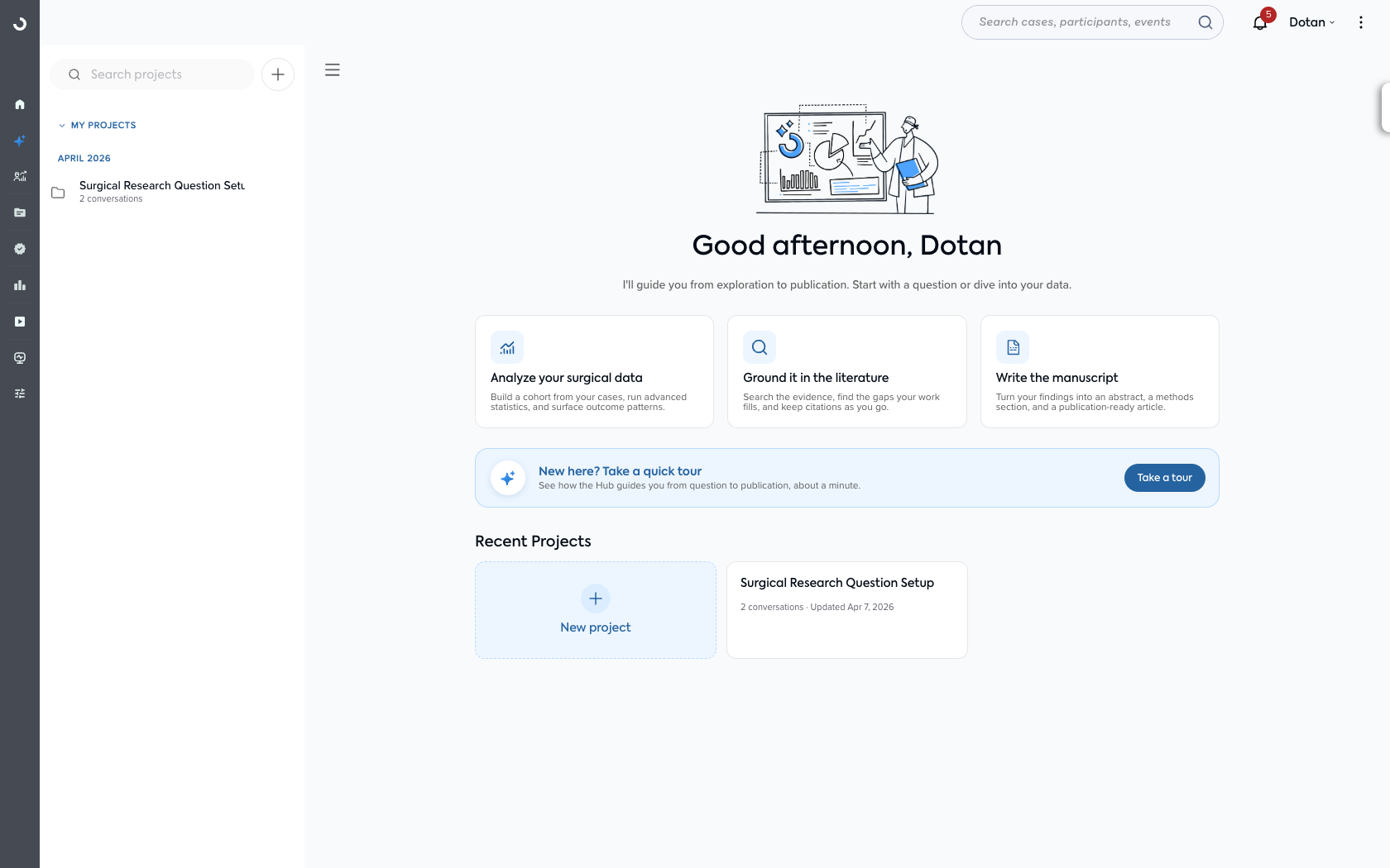 The Research Hub landing page with projects enabled — three ways in (analyze your surgical data, ground your work in the literature, write the manuscript), the Take a tour banner, and your recent projects